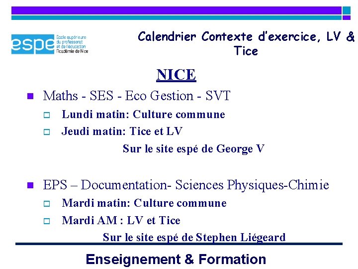 Calendrier Contexte d’exercice, LV & Tice NICE n Maths - SES - Eco Gestion