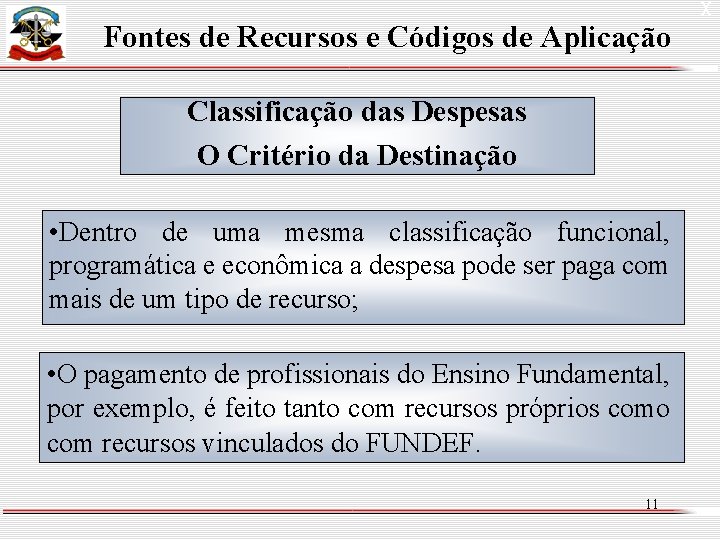 Fontes de Recursos e Códigos de Aplicação Classificação das Despesas O Critério da Destinação