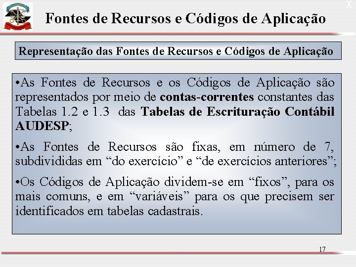 Fontes de Recursos e Códigos de Aplicação Representação das Fontes de Recursos e Códigos