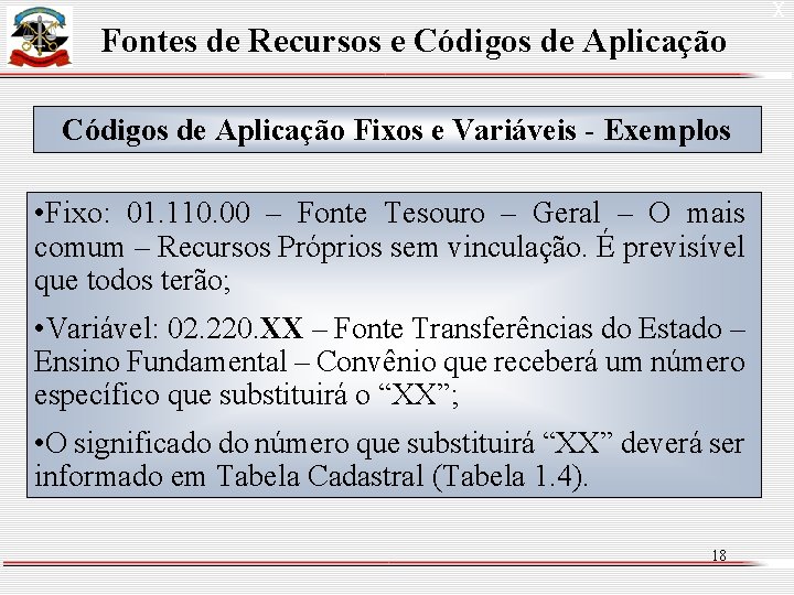 Fontes de Recursos e Códigos de Aplicação Fixos e Variáveis - Exemplos • Fixo: