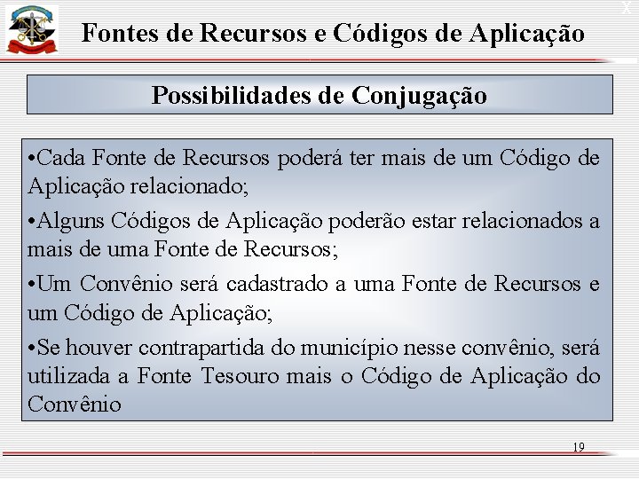 Fontes de Recursos e Códigos de Aplicação Possibilidades de Conjugação • Cada Fonte de