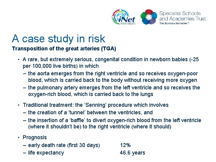 A case study in risk Transposition of the great arteries (TGA) • A rare,
