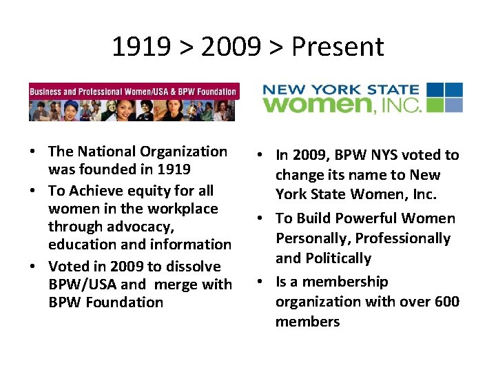 1919 > 2009 > Present • The National Organization was founded in 1919 •