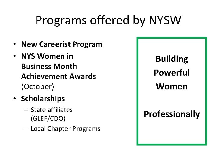 Programs offered by NYSW • New Careerist Program • NYS Women in Business Month