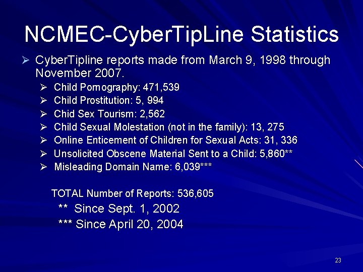 NCMEC-Cyber. Tip. Line Statistics Ø Cyber. Tipline reports made from March 9, 1998 through