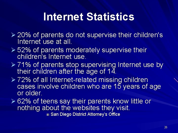 Internet Statistics Ø 20% of parents do not supervise their children's Internet use at