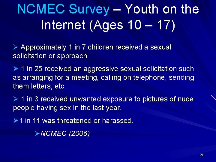 NCMEC Survey – Youth on the Internet (Ages 10 – 17) Ø Approximately 1