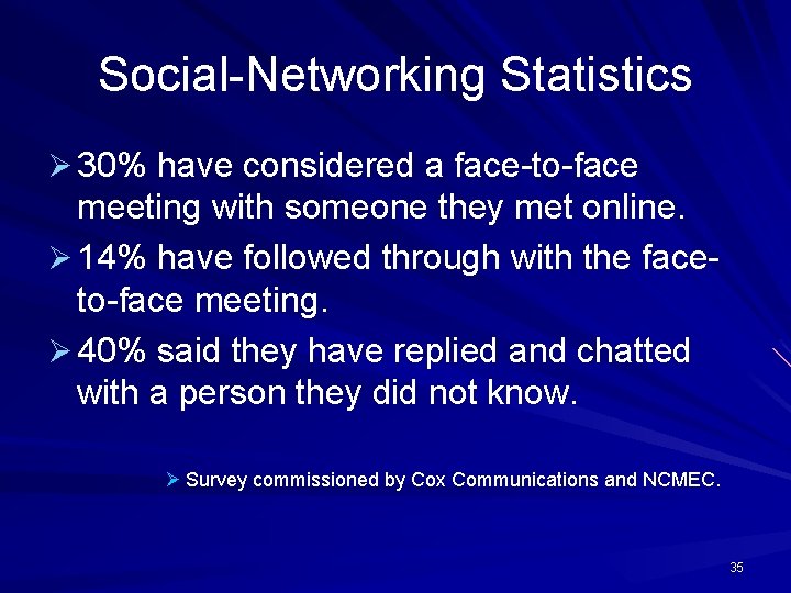 Social-Networking Statistics Ø 30% have considered a face-to-face meeting with someone they met online.