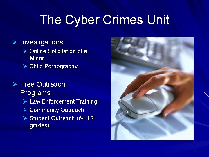 The Cyber Crimes Unit Ø Investigations Ø Online Solicitation of a Minor Ø Child