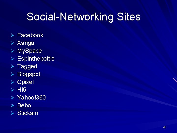 Social-Networking Sites Ø Ø Ø Facebook Xanga My. Space Espinthebottle Tagged Blogspot Cpixel Hi