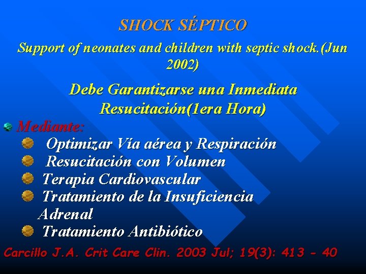 SHOCK SÉPTICO Support of neonates and children with septic shock. (Jun 2002) Debe Garantizarse