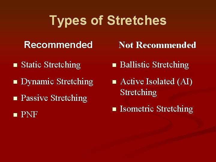 Types of Stretches Recommended Not Recommended n Static Stretching n Ballistic Stretching n Dynamic