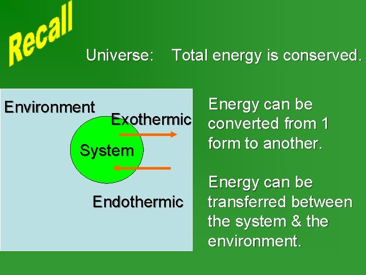 Universe: Total energy is conserved. Energy can be Exothermic converted from 1 form to