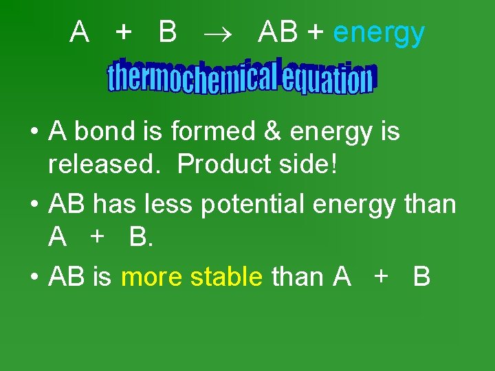 A + B AB + energy • A bond is formed & energy is