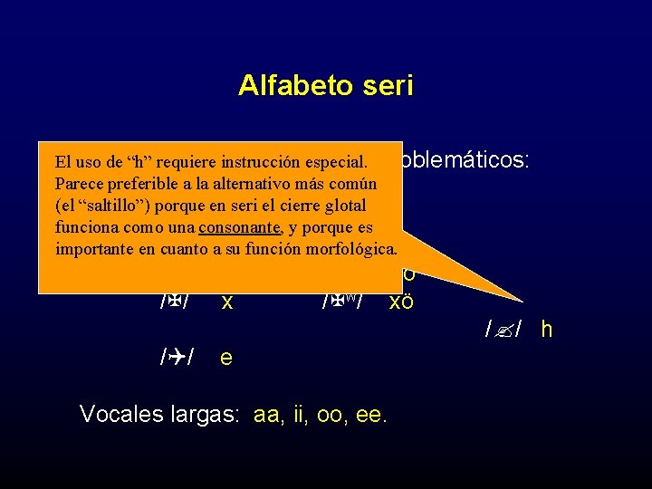 Alfabeto seri • uso Sonidos-letras que son más problemáticos: El de “h” requiere instrucción