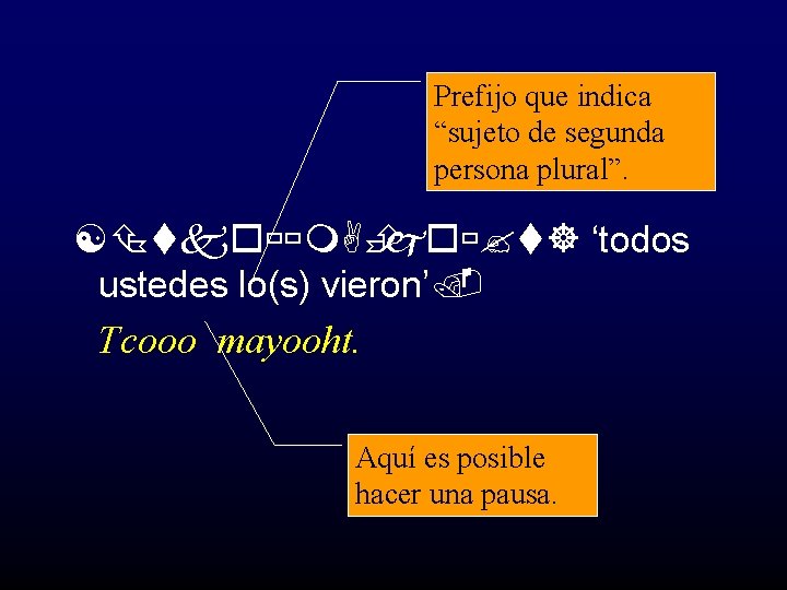 Prefijo que indica “sujeto de segunda persona plural”. [ tkoùùm. AÈ joù? t] ‘todos