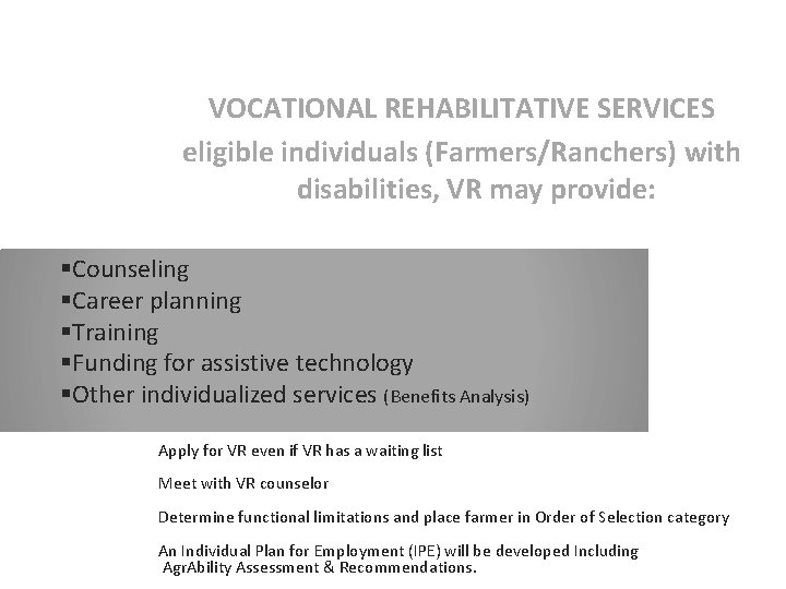 VOCATIONAL REHABILITATIVE SERVICES eligible individuals (Farmers/Ranchers) with disabilities, VR may provide: §Counseling §Career planning