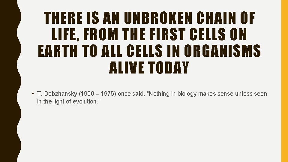 THERE IS AN UNBROKEN CHAIN OF LIFE, FROM THE FIRST CELLS ON EARTH TO