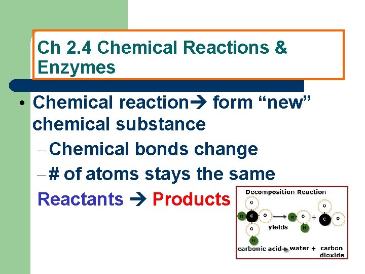 Ch 2. 4 Chemical Reactions & Enzymes • Chemical reaction form “new” chemical substance