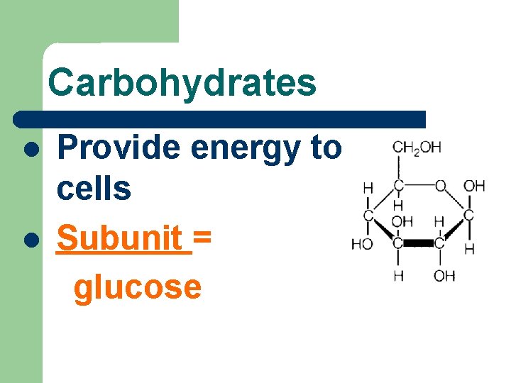 Carbohydrates Provide energy to cells Subunit = glucose 