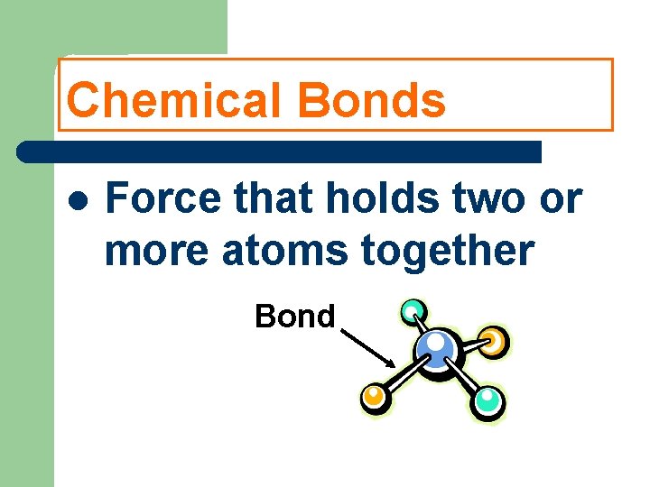 Chemical Bonds Force that holds two or more atoms together Bond 