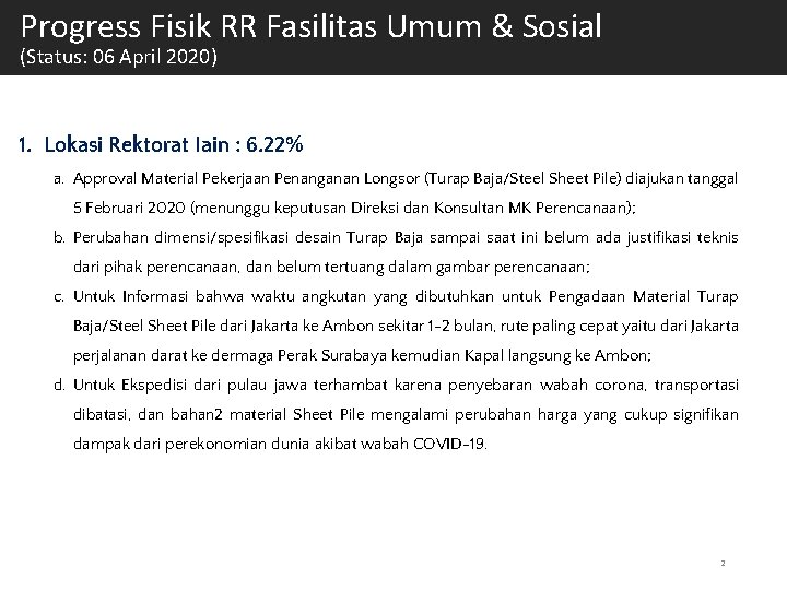 Progress Fisik RR Fasilitas Umum & Sosial (Status: 06 April 2020) 1. Lokasi Rektorat
