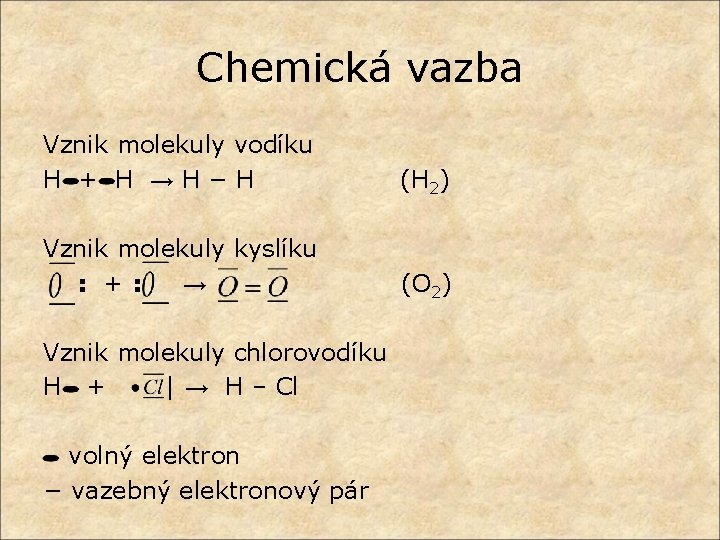 Chemická vazba Vznik molekuly vodíku H + H →H−H (H 2) Vznik molekuly kyslíku