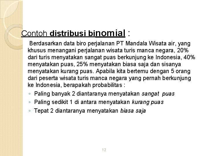 Contoh distribusi binomial : Berdasarkan data biro perjalanan PT Mandala Wisata air, yang khusus