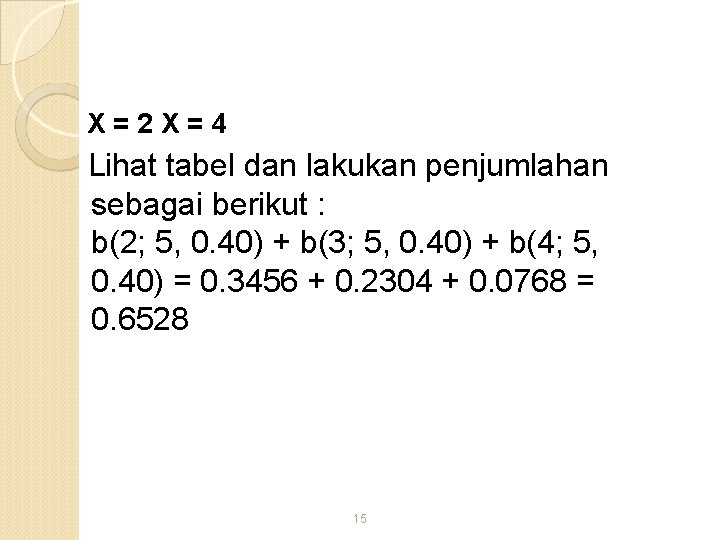 X=2 X=4 Lihat tabel dan lakukan penjumlahan sebagai berikut : b(2; 5, 0. 40)