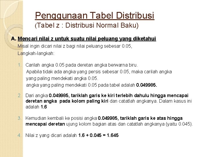 Penggunaan Tabel Distribusi (Tabel z : Distribusi Normal Baku) A. Mencari nilai z untuk