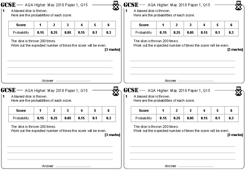 AQA Higher: May 2018 Paper 1, Q 15 1 A biased dice is thrown.