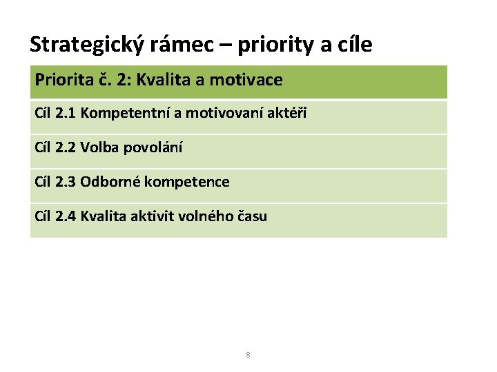 Strategický rámec – priority a cíle Priorita č. 2: Kvalita a motivace Cíl 2.