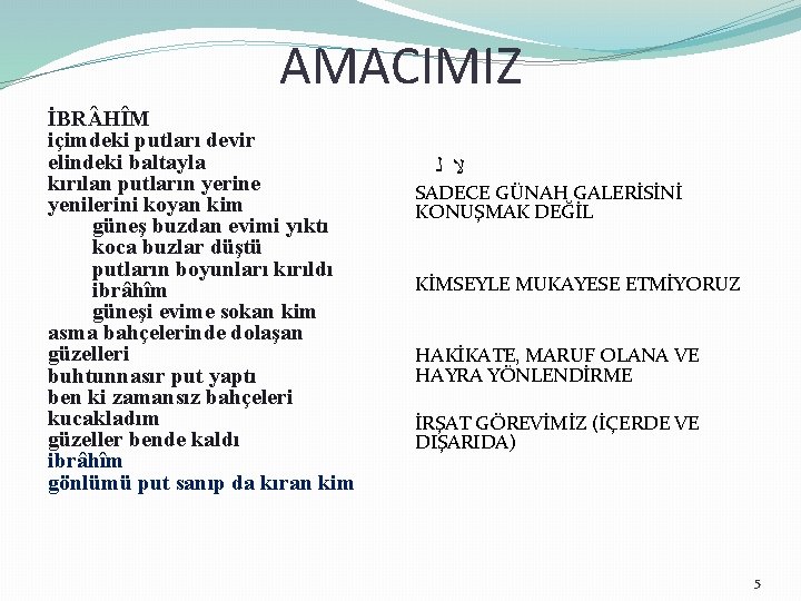 AMACIMIZ İBR HÎM içimdeki putları devir elindeki baltayla kırılan putların yerine yenilerini koyan kim