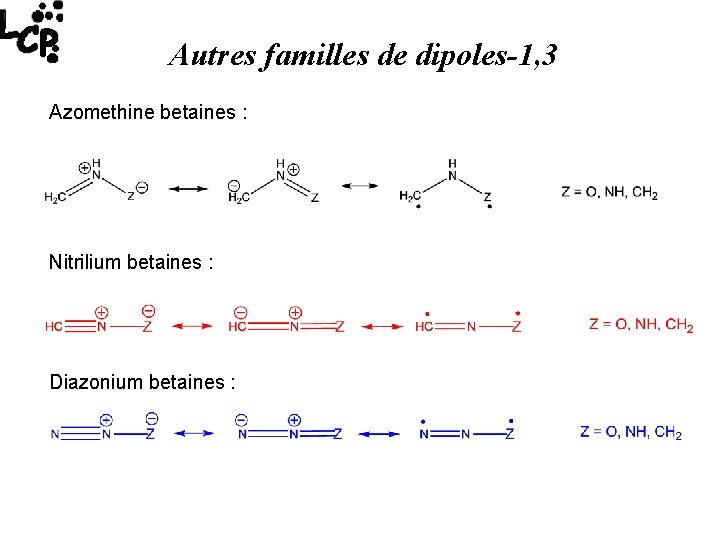 Autres familles de dipoles-1, 3 Azomethine betaines : Nitrilium betaines : Diazonium betaines :