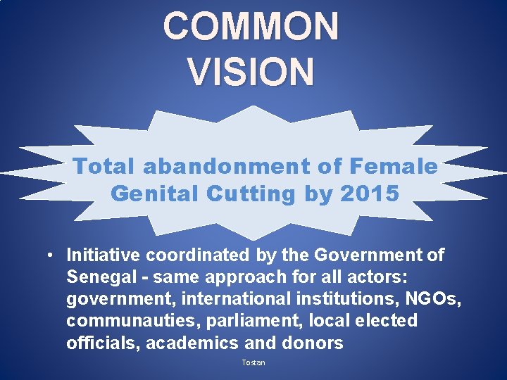 COMMON VISION Total abandonment of Female Genital Cutting by 2015 • Initiative coordinated by