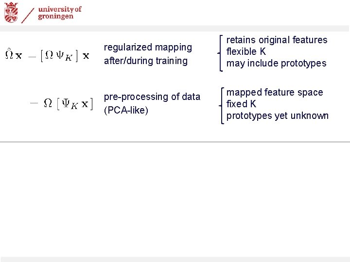 regularized mapping after/during training retains original features flexible K may include prototypes pre-processing of