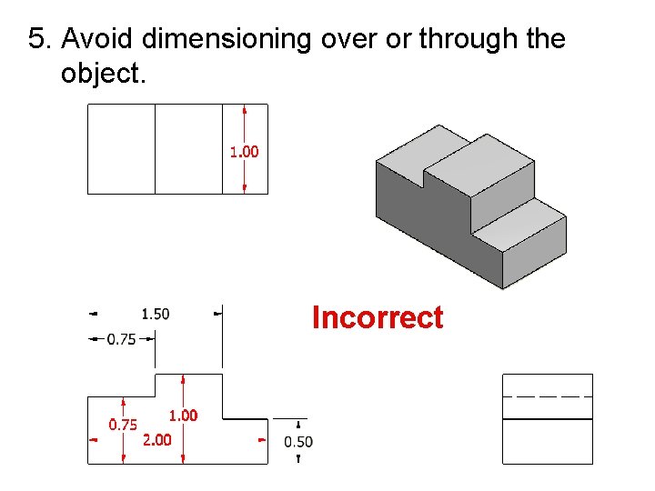 5. Avoid dimensioning over or through the object. Incorrect 