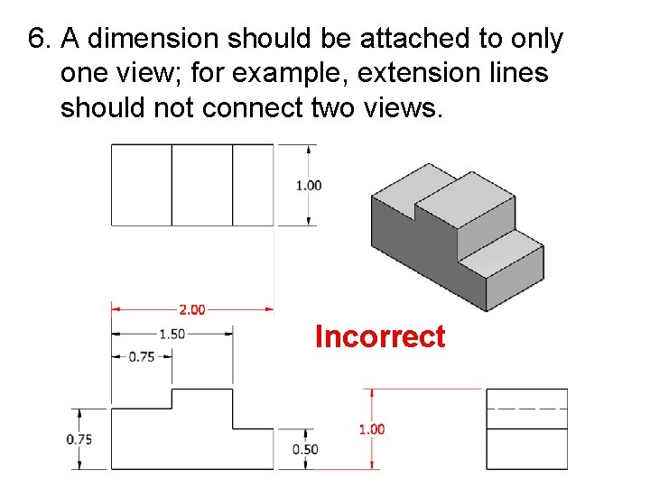 6. A dimension should be attached to only one view; for example, extension lines