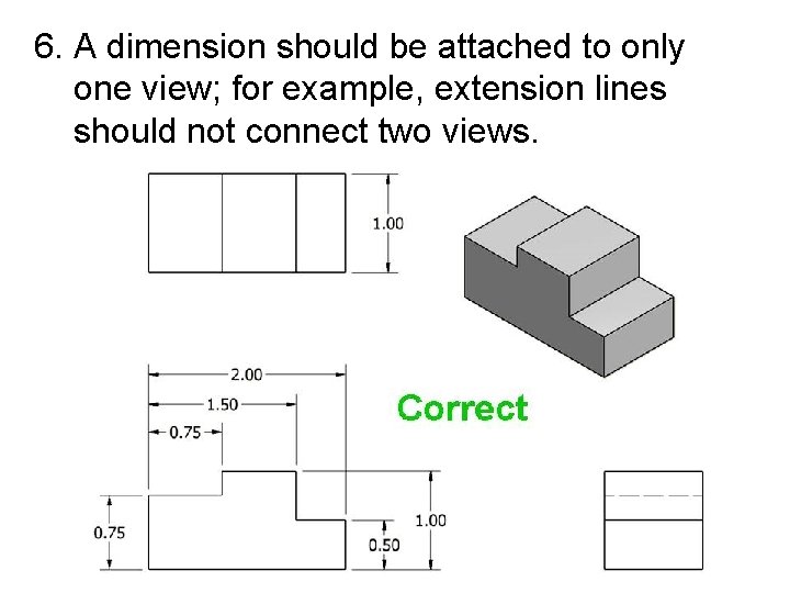 6. A dimension should be attached to only one view; for example, extension lines