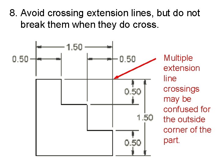 8. Avoid crossing extension lines, but do not break them when they do cross.