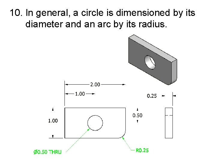 10. In general, a circle is dimensioned by its diameter and an arc by