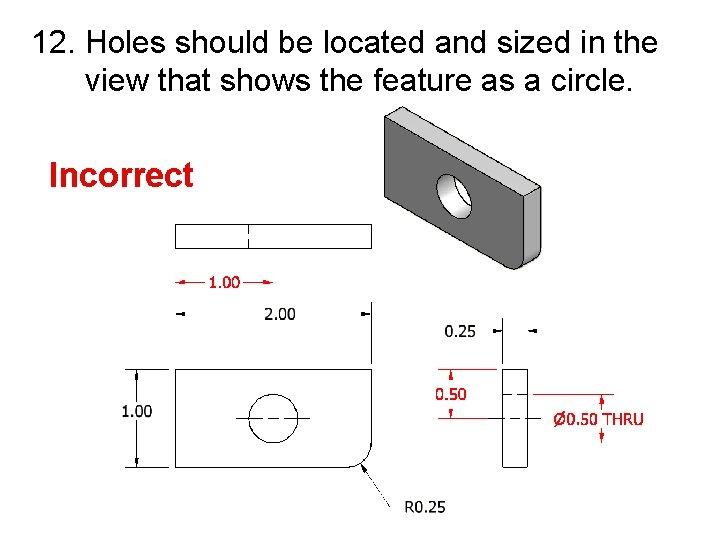 12. Holes should be located and sized in the view that shows the feature