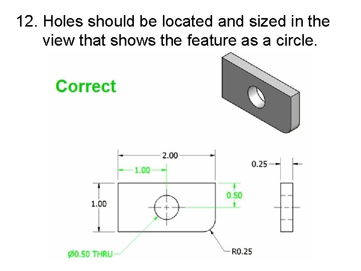 12. Holes should be located and sized in the view that shows the feature