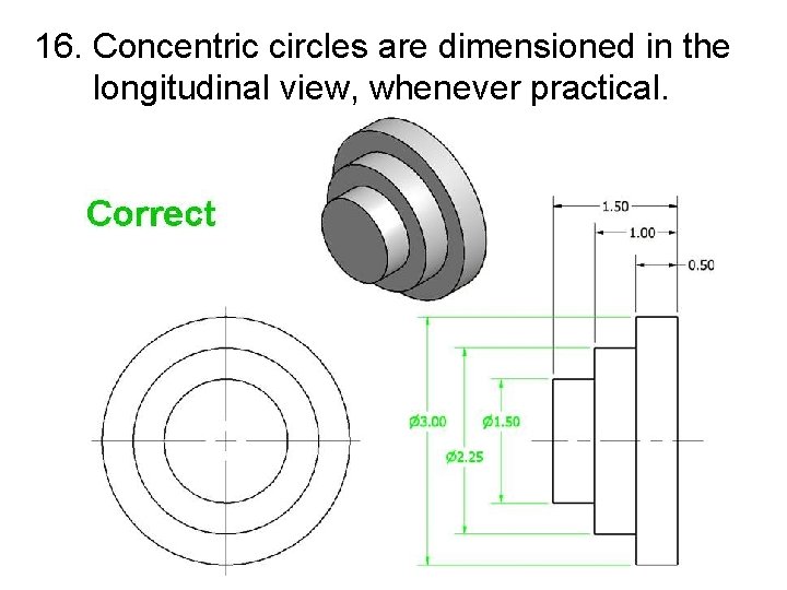 16. Concentric circles are dimensioned in the longitudinal view, whenever practical. 
