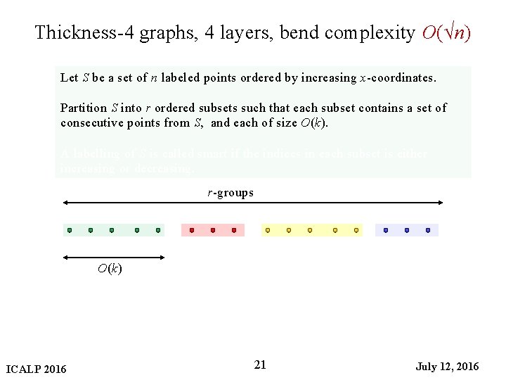 Thickness-4 graphs, 4 layers, bend complexity O(√n) Let S be a set of n