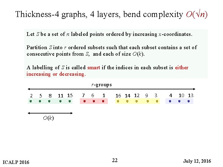 Thickness-4 graphs, 4 layers, bend complexity O(√n) Let S be a set of n