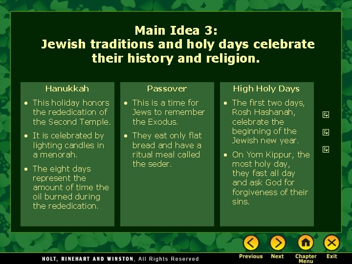 Main Idea 3: Jewish traditions and holy days celebrate their history and religion. Hanukkah