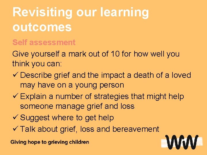 Revisiting our learning outcomes Self assessment Give yourself a mark out of 10 for