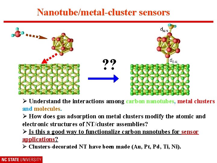 Nanotube/metal-cluster sensors ? ? Ø Understand the interactions among carbon nanotubes, metal clusters and
