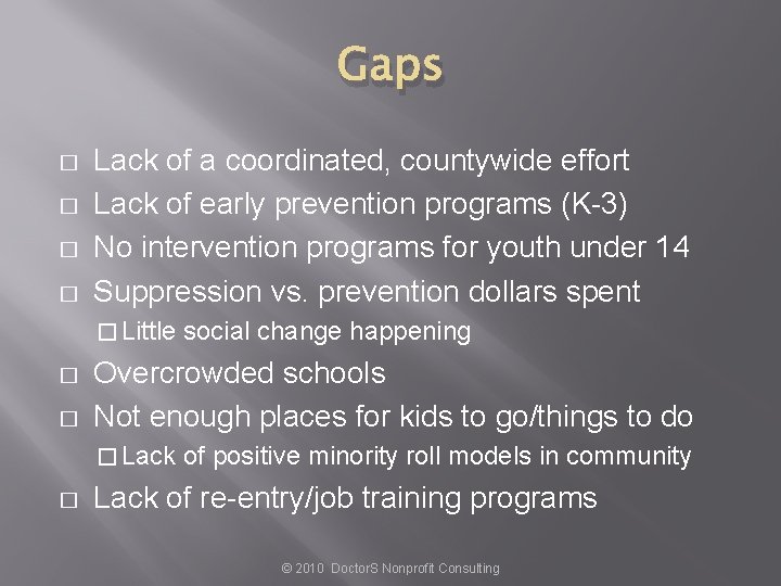 Gaps � � Lack of a coordinated, countywide effort Lack of early prevention programs